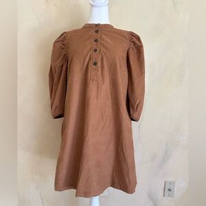 GAP Casual Brown Corduroy Dress with Button Detail, Puff Sleeves, and Pockets